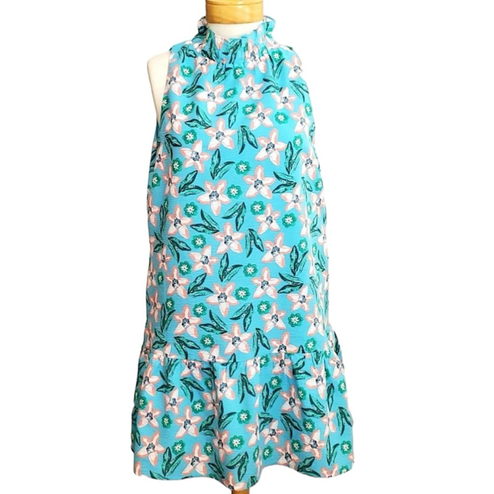THML Sleeveless Seersucker Floral Dress Ruffle Neck Hem Pockets Sz Med NWT/NEW